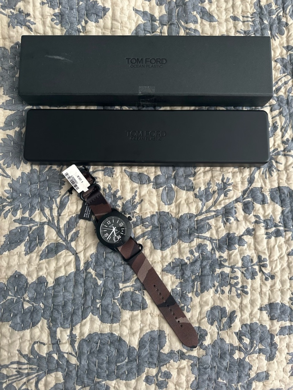 Tom Ford Black Dial Watch with Brown Camouflage Strap